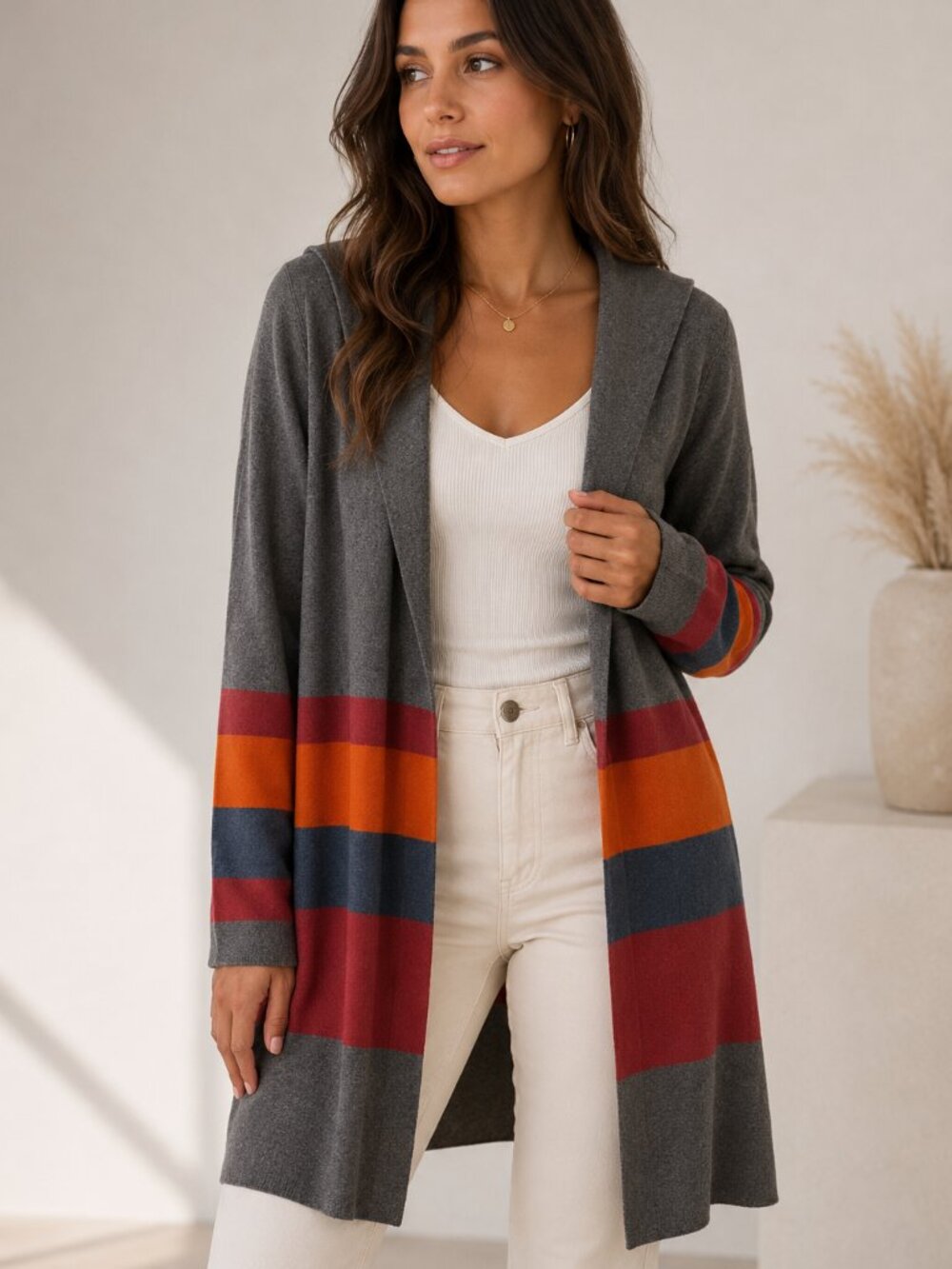 APT. 9 Long Cardigan Size L Gray Striped Open Front Knit Sweater Duster